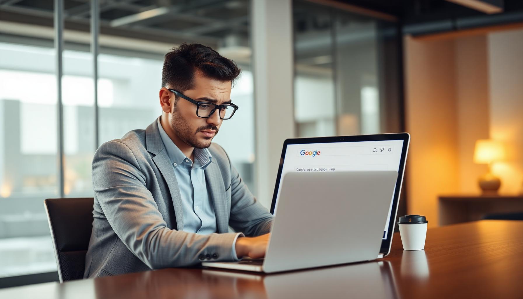 Business owner analyzing negative search results on laptop screen in modern office